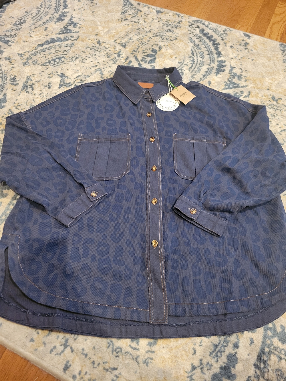 Umgee Navy Leopard-Print Lightweight Shirt Jacket 1X NWT